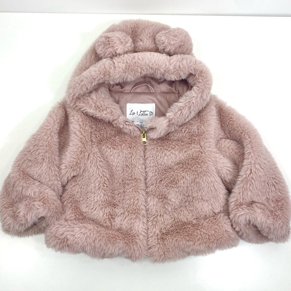 Liv & Lottie Blush Pink Faux Fur Zip Front Hooded Jacket with Pom Pom Ears 12 M